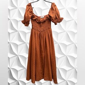 Rust Brown Puff Sleeve Maxi Dress - 100% Cotton